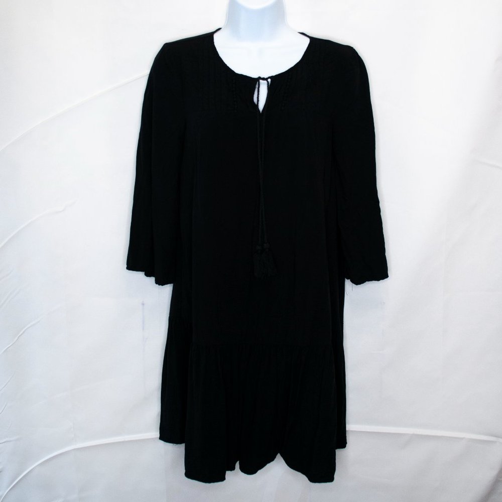 Old Navy Tassel Tie Shift Dress Womens XS Black Boho Rayon Casual Keyhole QQ13